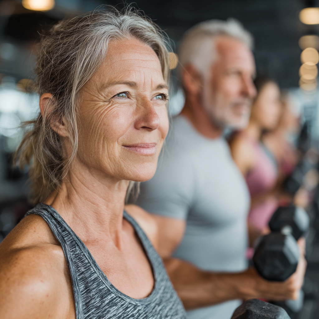 Active mature adults aged 40-55 exercising together in a modern fitness facility, showing diverse group of people using various exercise equipment including dumbbells and resistance bands, demonstrating proper form and technique in a bright, well-equipped gym environment