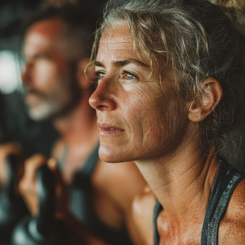 Middle-aged adults between 40-55 years old engaged in functional fitness training session, showing proper exercise form while using kettlebells and resistance equipment in a professional gym setting with natural lighting